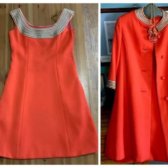 Vintage Dresses & Skirts - Bellciano Vintage 1960's orange sleeveless dress w/silver gold trim
